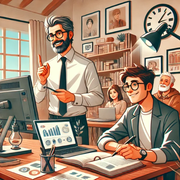 Professor experiente ministrando aula ao vivo online para estudantes aprenderem inglês de forma rápida e eficiente.