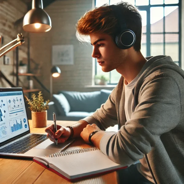 Aluno dedicado estudando inglês online com acesso a aulas ao vivo e materiais gravados para aprendizado flexível.