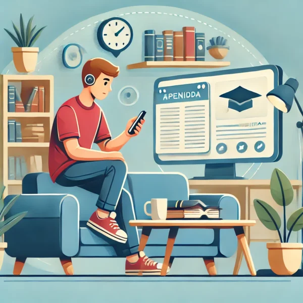 Pessoa estudando inglês no celular e computador, aproveitando a flexibilidade do curso com aulas ao vivo e gravadas.